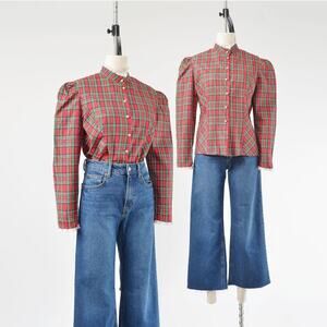 Vintage 70s Red Plaid and Lace Puff Sleeve Button Down Blouse size M